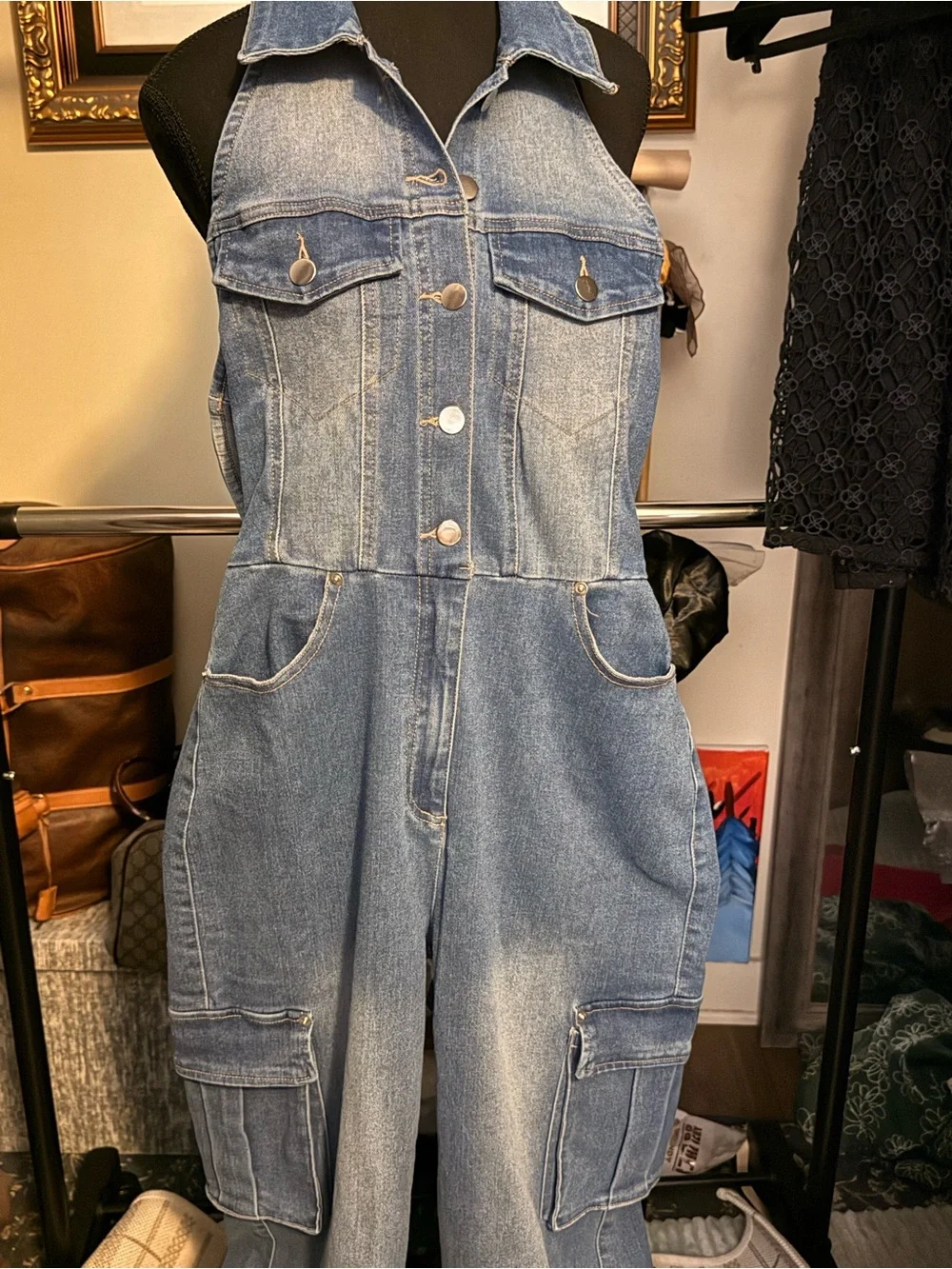 Timing Light Wash Denim Halter Jumpsuit